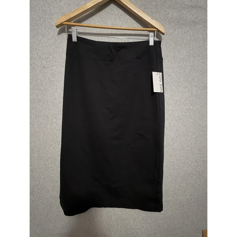 Nine West Skirt Womens Medium Black Pencil Midi Pull‎ On Slit Work Career Office